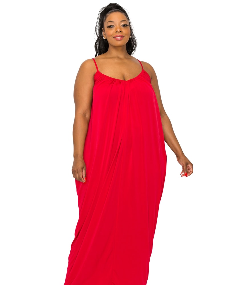 Front of a model wearing a size 1X Adora Ruched Spaghetti Strap Dress in Red by L I V D. | dia_product_style_image_id:274873
